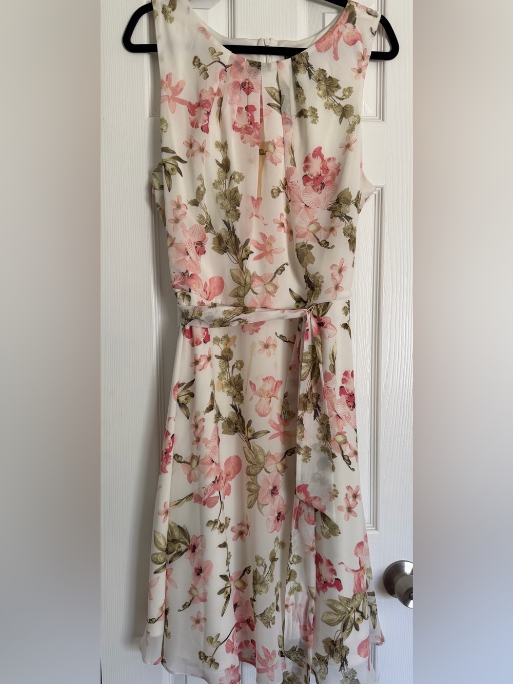 Sleeveless White Floral Midi Dress with Pink Blossoms  Worn Once